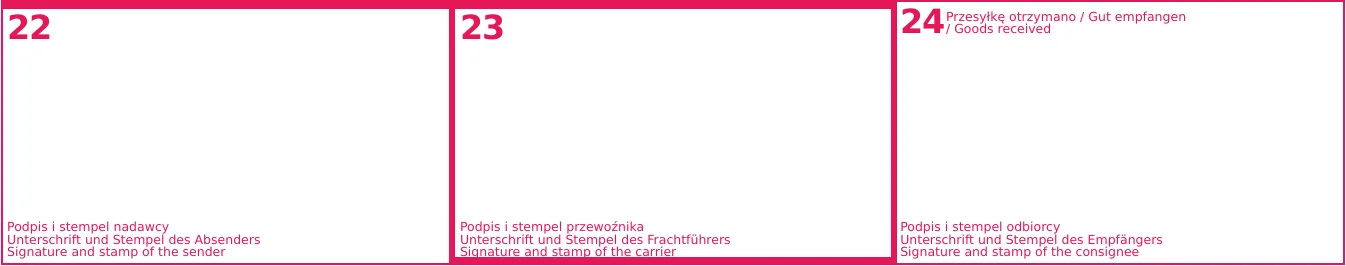 22 · Sender's signature: Signed, 23 · Carrier's signature: Signed, 24 · Consignee's signature: Signed